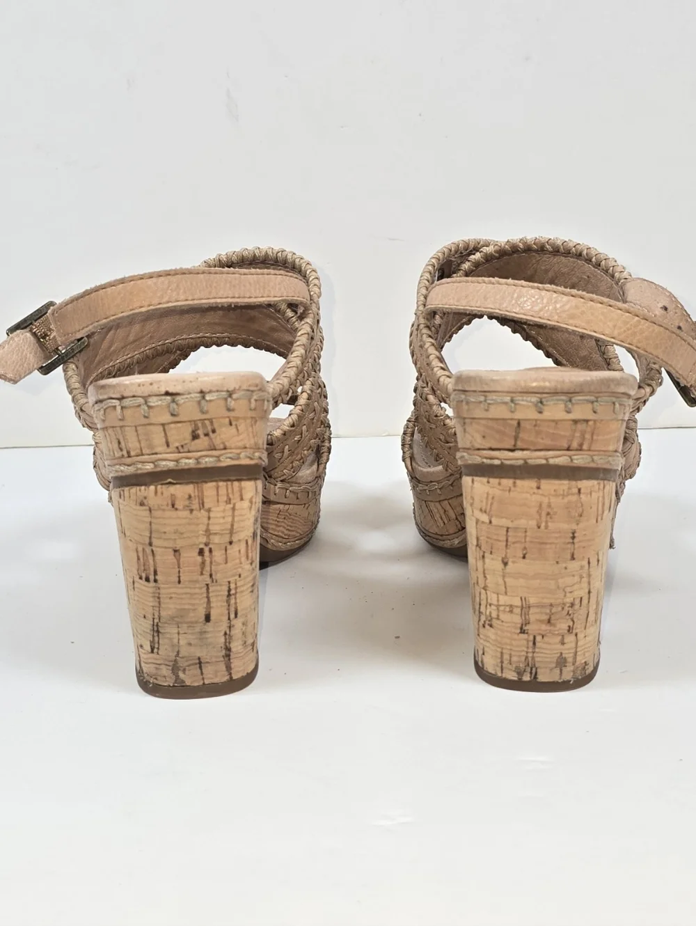 Fosil Cork Platform Sandals Tan Leather Cross-Stitch Block Heel Women’s Sz 6.5 - Picture 8 of 12